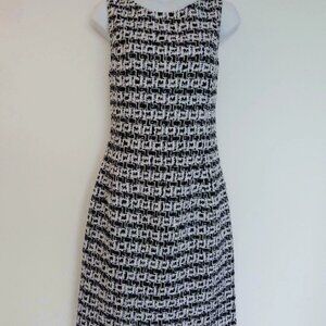 NWT OSCAR DE LA RENTA Navy Blue White Wool Cotton Tweed SLVS Pencil Dress 6, 10